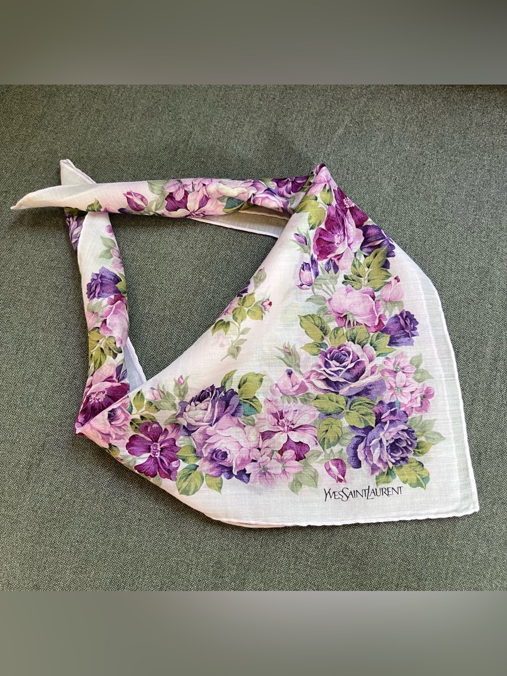 Yves Saint Laurent Lavender & Green Floral Cotton Handkerchief Pocket Square 18”